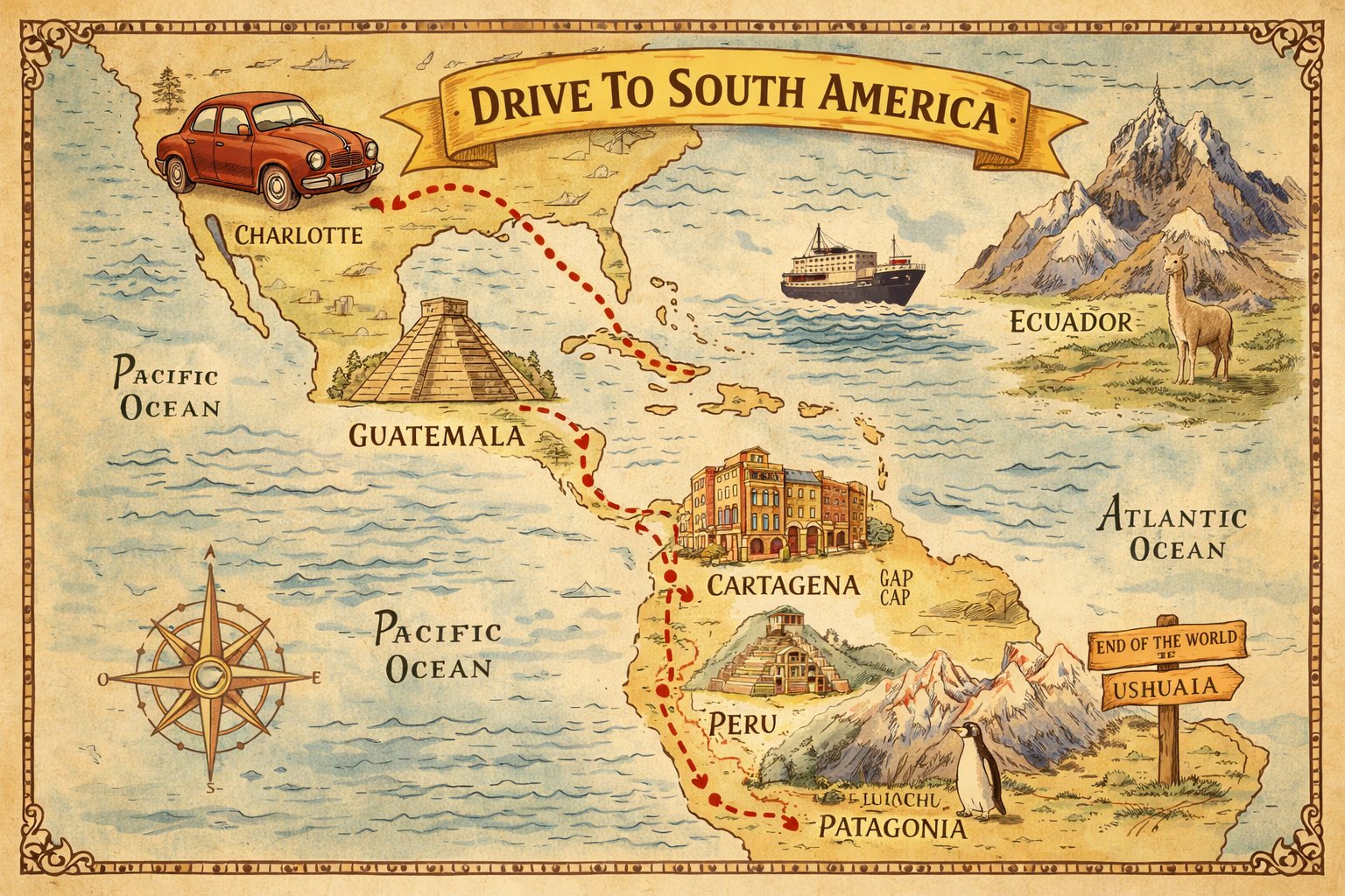 Drive To South America — illustrated route map from Charlotte NC to Ushuaia Argentina